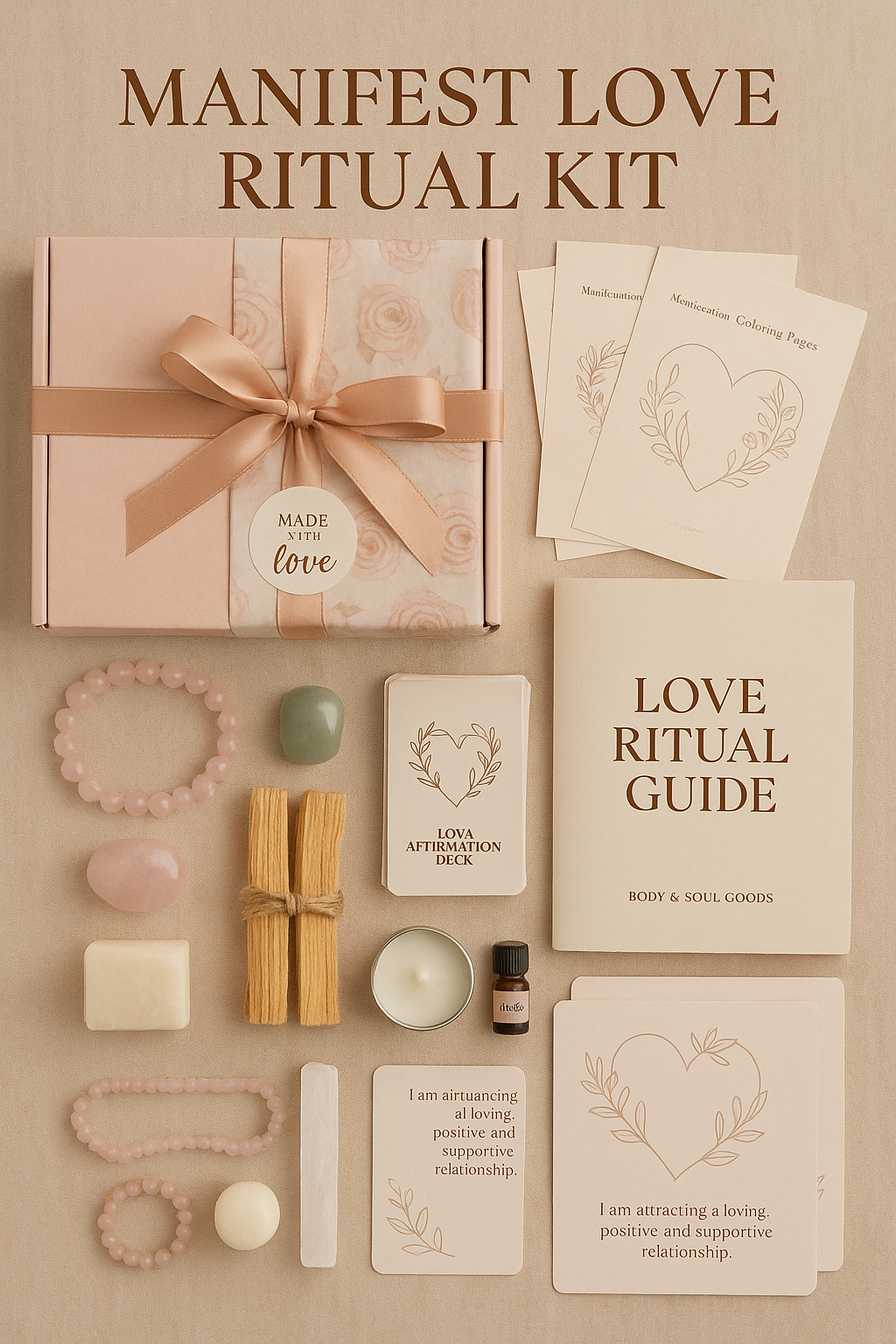 Manifest Love Ritual Kit | Self Love & Attraction Crystal Set | Spiritual Gift for Women | Rose Quartz Bracelet | Affirmation Cards