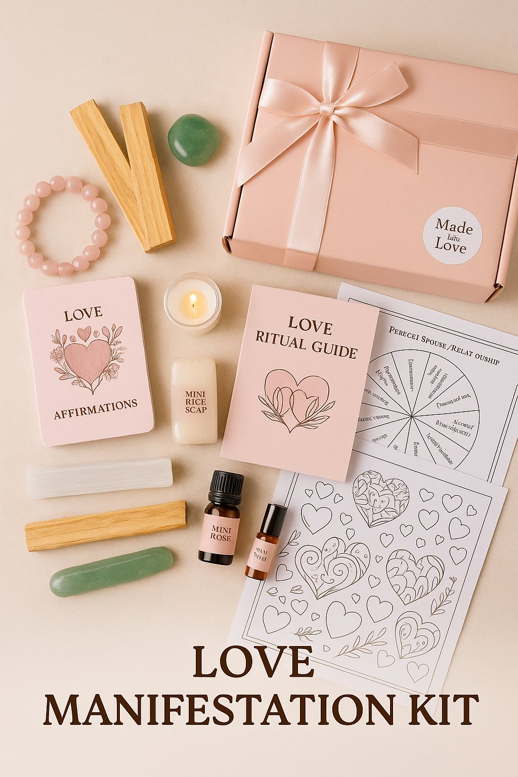 Manifest Love Ritual Kit | Self Love & Attraction Crystal Set | Spiritual Gift for Women | Rose Quartz Bracelet | Affirmation Cards