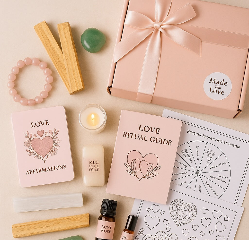 Manifest Love Ritual Kit | Self Love & Attraction Crystal Set | Spiritual Gift for Women | Rose Quartz Bracelet | Affirmation Cards