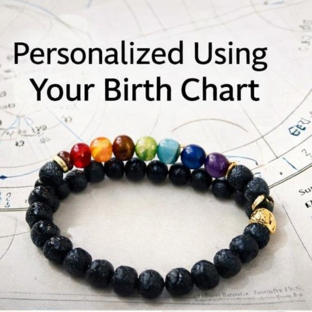 Bracelet with colored beads on a background of astrological charts, text 'Personalized Using Your Birth Chart'.